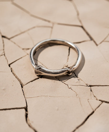 Silver Bone Ring Laying on Cracked Desert Earth